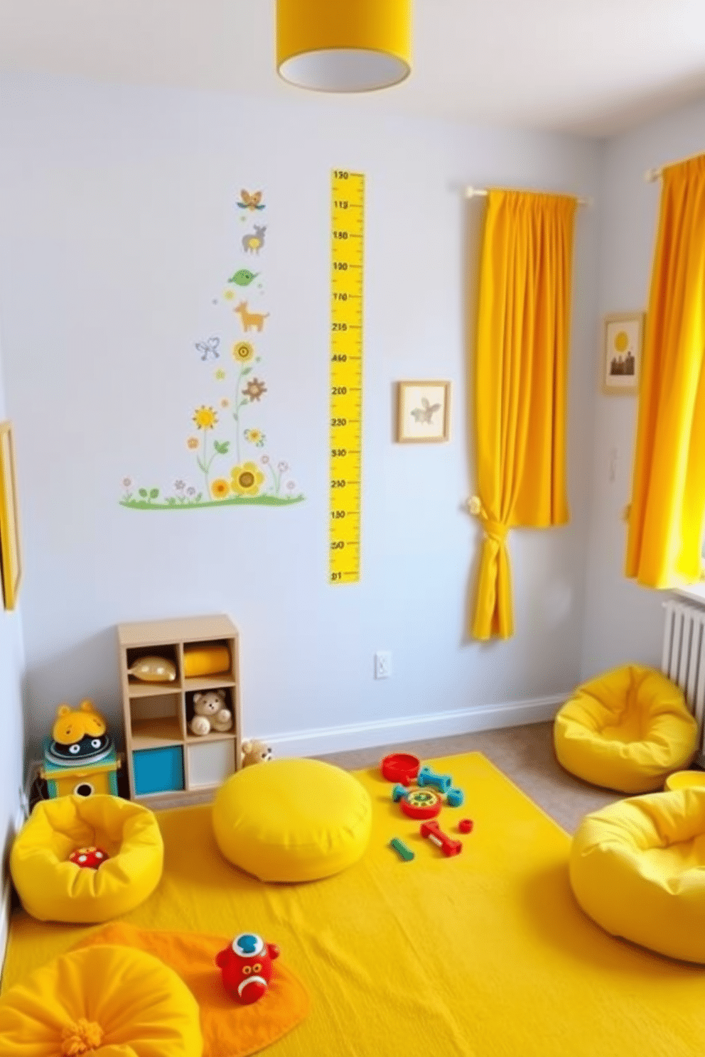 A vibrant yellow growth chart adorns the wall, marked with playful illustrations of animals and flowers, creating an engaging backdrop for tracking children's milestones. Below, a cheerful play area features soft yellow rugs and a variety of colorful toys, inviting creativity and exploration. The playroom is filled with bright yellow accents, including cushions, curtains, and wall art that inspire joy and imagination. A cozy reading nook with a small bookshelf and bean bags in complementary colors encourages quiet time amidst the lively decor.