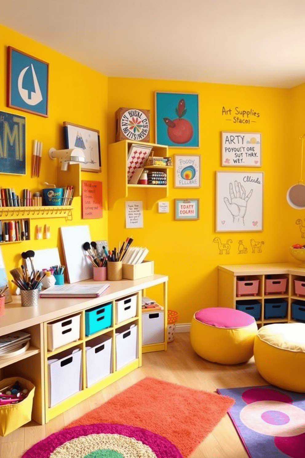 A vibrant yellow art supplies station filled with various paints, brushes, and sketchbooks sits against a sunny window. The walls are adorned with colorful artwork and inspirational quotes, creating an inviting atmosphere for creativity. A cheerful yellow playroom designed for children features soft, plush seating and playful storage solutions. Brightly colored rugs and wall decals enhance the playful vibe, making it a perfect space for imaginative play.