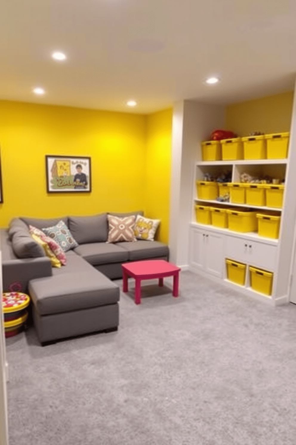 A playful playroom featuring a vibrant yellow and soft gray color scheme. The walls are painted in a cheerful yellow, while the flooring is a plush gray carpet, providing a cozy space for children to play. In one corner, a gray sectional sofa is adorned with colorful throw pillows, creating a comfortable seating area. Bright yellow storage bins are neatly arranged on shelves, offering a fun and organized way to keep toys and games accessible.