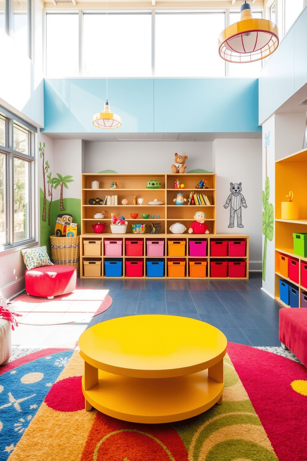 A sunny yellow accent table stands in the center of a vibrant playroom, surrounded by colorful rugs and plush seating. The walls are adorned with playful murals, and natural light streams in through large windows, creating an inviting atmosphere for creativity and play. Incorporating versatile design elements, the playroom features modular furniture that can be easily rearranged for different activities. Bright storage bins in various colors keep toys organized, while whimsical lighting fixtures add a touch of fun to the space.