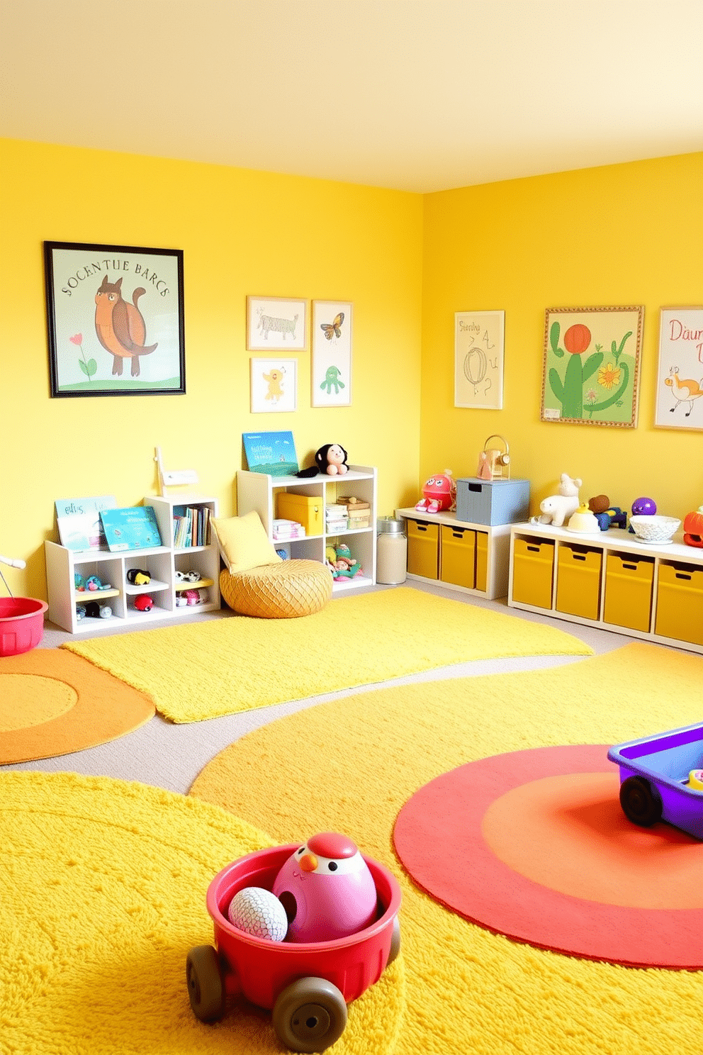 A vibrant playroom filled with sunshine yellow rugs that add warmth and cheer to the space. The walls are painted in a soft, complementary color, creating a bright and inviting atmosphere for children to play and learn. In one corner, a cozy reading nook features plush cushions and a small bookshelf filled with colorful storybooks. Playful artwork adorns the walls, while a variety of toys are neatly organized in bright storage bins to keep the area tidy and fun.