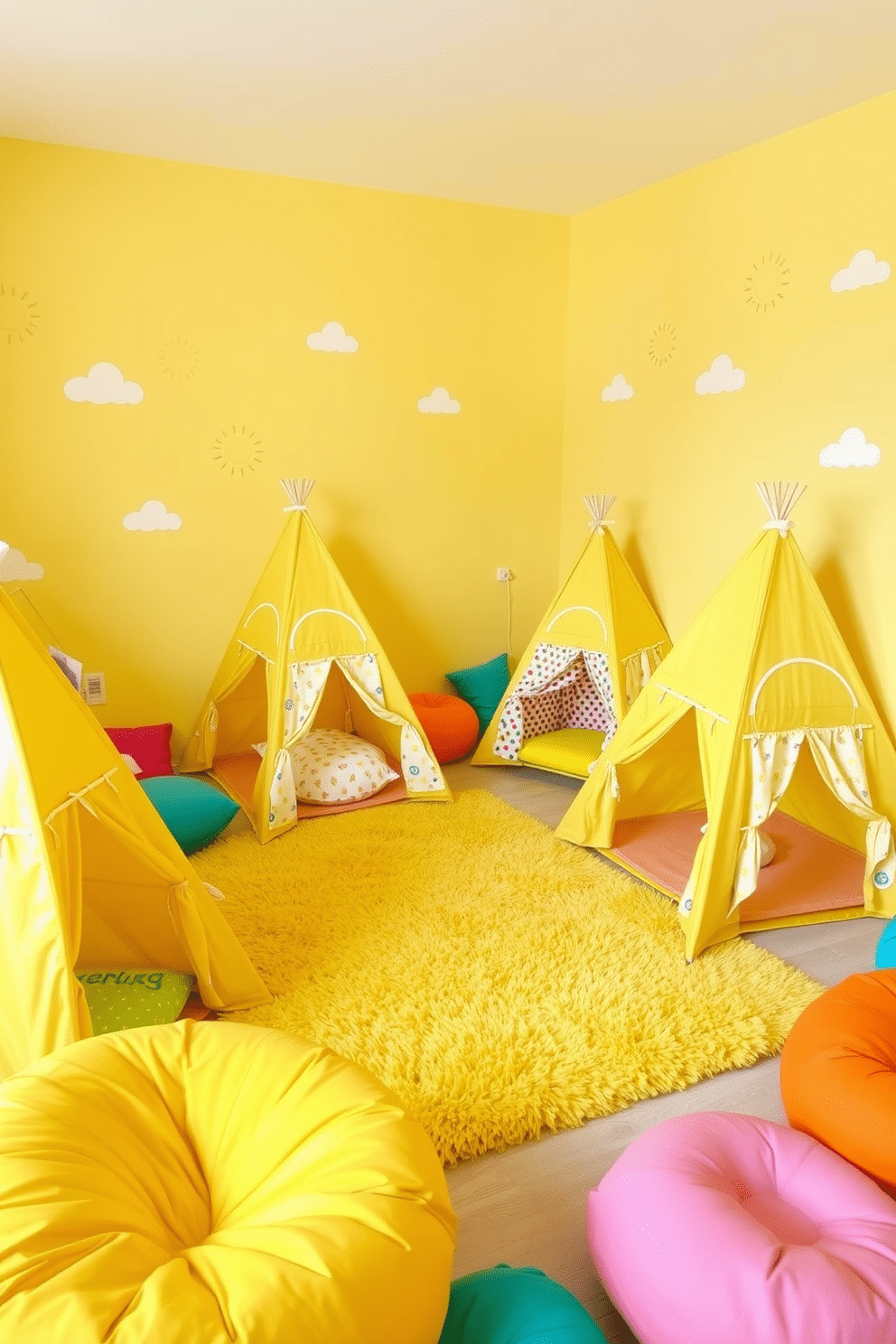 A vibrant playroom filled with yellow play tents creates a cheerful atmosphere for imaginative playtime. The walls are painted in a soft pastel yellow, accented with playful decals of clouds and sunshine. Each play tent features whimsical patterns and is scattered around a plush, colorful rug that adds warmth to the space. Brightly colored cushions and bean bags provide comfortable seating for children to relax and engage in creative activities.