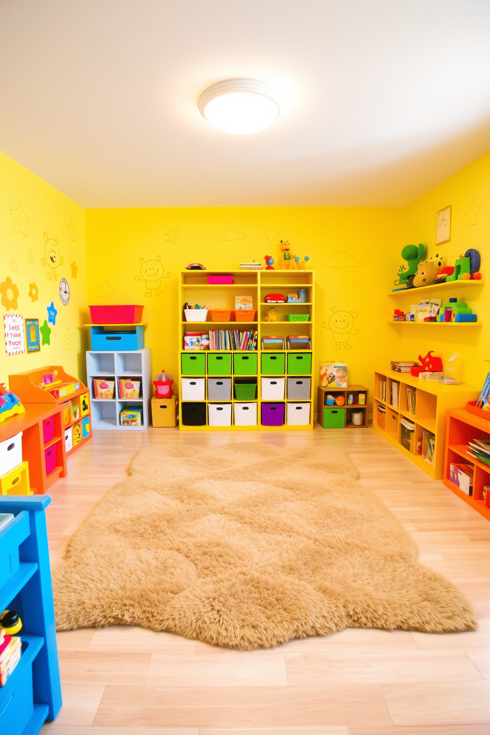 A vibrant playroom filled with creativity and fun. The walls are adorned with cheerful yellow wall decals featuring whimsical shapes and playful characters, creating an inviting atmosphere for children. Brightly colored furniture complements the yellow theme, with a plush, oversized rug in the center for comfort. A variety of toys and books are neatly organized on shelves, encouraging imaginative play and learning.