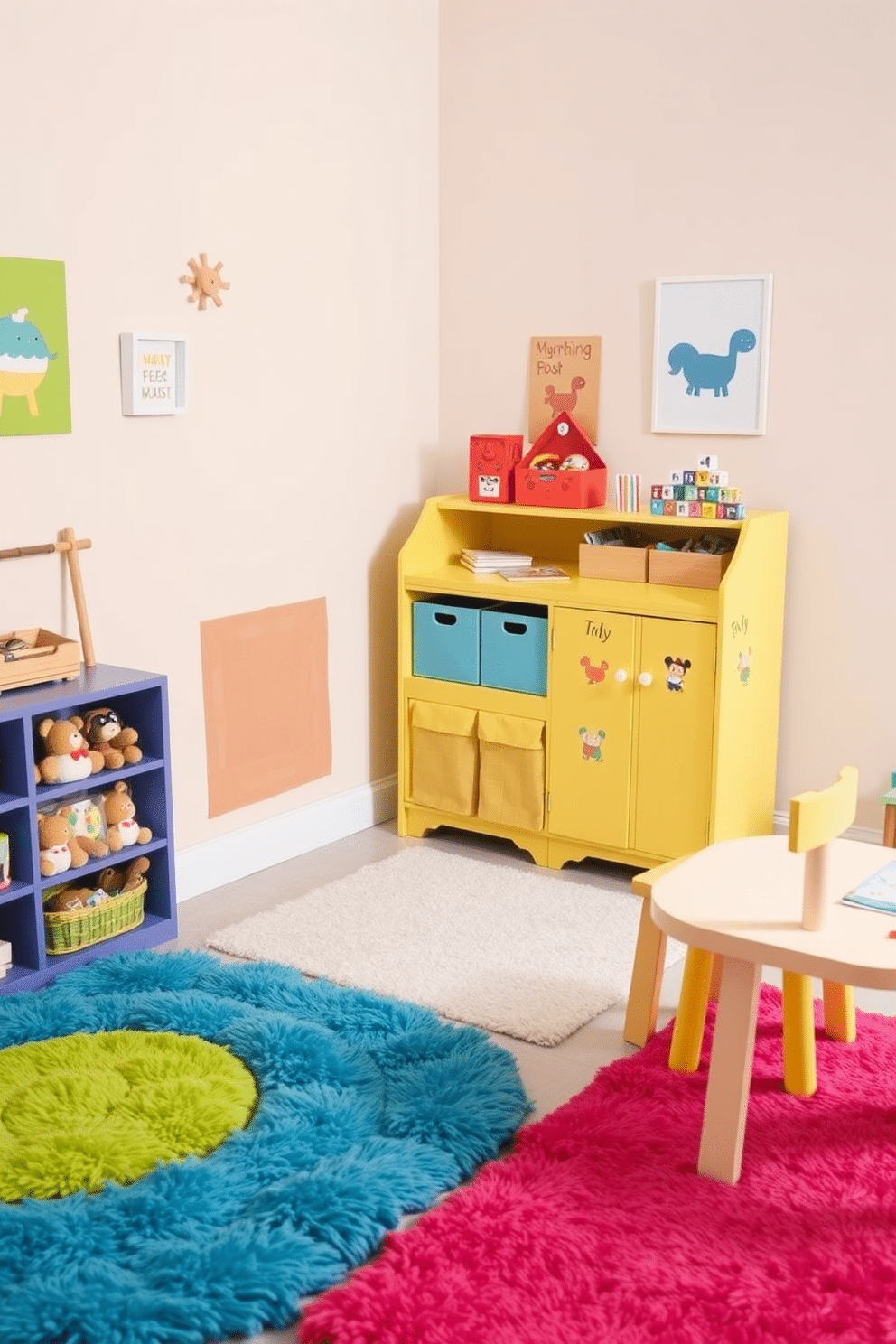 A charming vintage yellow toy storage unit stands in the corner of a playful playroom, adorned with whimsical decals and soft edges for safety. Surrounding the unit, plush rugs in bright colors create a cozy area for children to play, while cheerful wall art adds a touch of fun. The walls are painted in a soft pastel shade, complementing the vibrant yellow storage. A small table and chairs in coordinating colors provide a perfect spot for arts and crafts, making the space both functional and inviting.