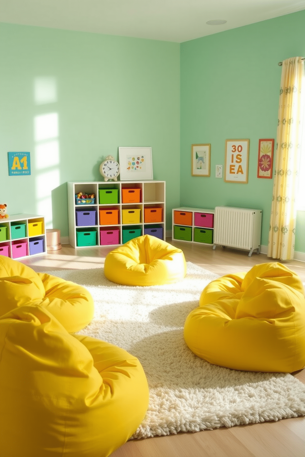 A vibrant playroom filled with sunshine, featuring yellow bean bags scattered across a soft, plush rug. The walls are painted in a cheerful pastel hue, adorned with playful artwork and colorful storage bins for toys.