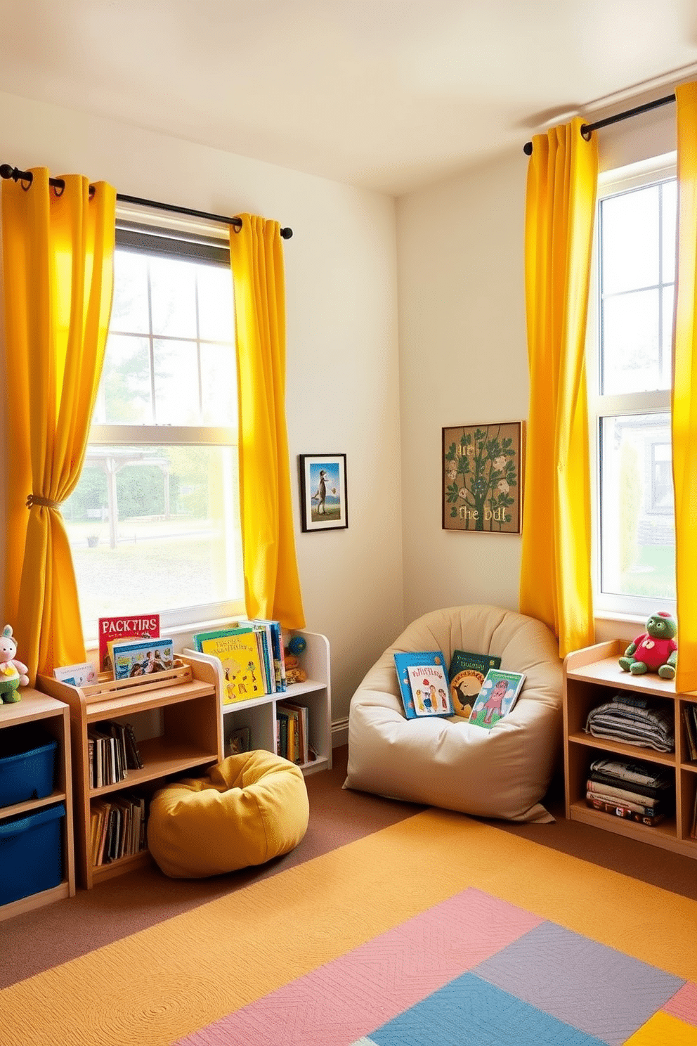 A vibrant playroom filled with joy and creativity. The walls are painted in a soft pastel color, complementing the bright yellow curtains that frame the windows, allowing playful light to fill the space. In one corner, a cozy reading nook features a plush bean bag and a small bookshelf filled with colorful children's books. The floor is covered with a soft, multi-colored rug, providing a comfortable area for play and exploration.