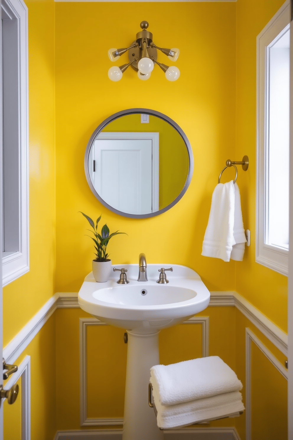 Bright yellow walls with white trim create a cheerful and inviting atmosphere in the powder room. The space features a sleek white pedestal sink and a round mirror with a brushed nickel frame, enhancing the brightness of the yellow hue. A stylish light fixture with exposed bulbs hangs above the sink, providing ample illumination. Decorative elements include a small potted plant on the countertop and a plush white towel neatly arranged on a brass towel rack.