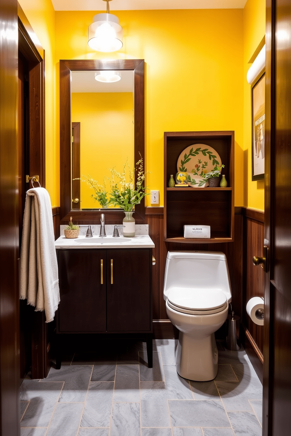 A vibrant powder room featuring sunshine yellow walls that radiate warmth and cheer. The space is accented with rich dark wood elements, including a sleek vanity and a stylish mirror frame that contrast beautifully with the bright paint. The floor is adorned with elegant gray tiles, adding a touch of sophistication to the cheerful atmosphere. Decorative accents, such as a modern light fixture and fresh greenery, enhance the inviting ambiance of this delightful powder room.