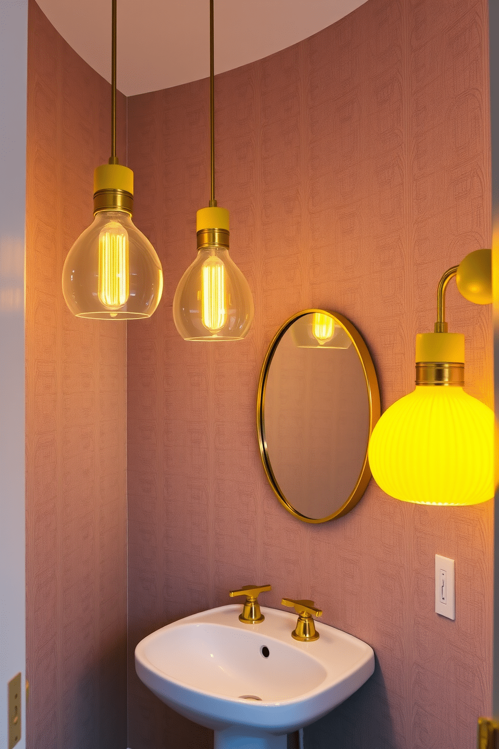 Chic yellow light fixtures hang elegantly from the ceiling, casting a warm glow throughout the space. The yellow accents complement the muted wallpaper, creating a cozy and inviting atmosphere in the powder room. The powder room features a sleek pedestal sink with gold hardware that harmonizes with the yellow light fixtures. A round mirror with a thin gold frame reflects the light, enhancing the room's brightness and charm.