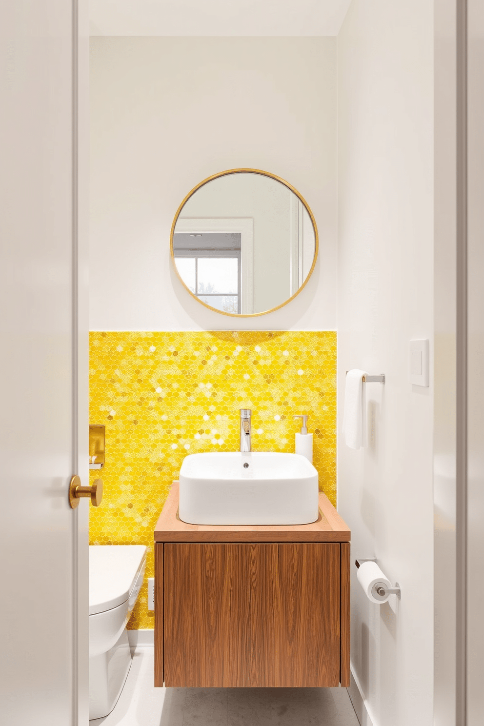 A vibrant powder room features a stunning splashback made of yellow mosaic tiles that catch the light beautifully. The space is complemented by sleek white fixtures and a minimalist wooden vanity, creating a cheerful yet sophisticated atmosphere. The walls are painted in a soft, neutral tone to enhance the brightness of the yellow tiles. A round mirror with a gold frame hangs above the vanity, adding a touch of elegance to the overall design.