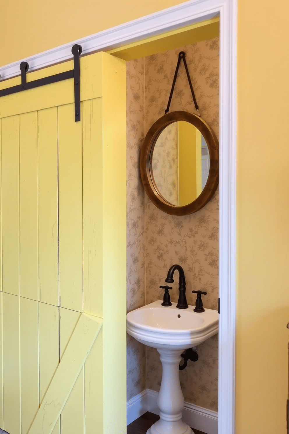 A rustic yellow barn door serves as the entryway, adding a charming farmhouse touch to the space. The door features distressed wood with wrought iron hardware, creating a warm and inviting atmosphere. The yellow powder room is designed with a vintage-inspired pedestal sink and a round mirror framed in reclaimed wood. Soft, ambient lighting highlights the textured wallpaper, which features a subtle floral pattern, enhancing the cozy feel of the room.