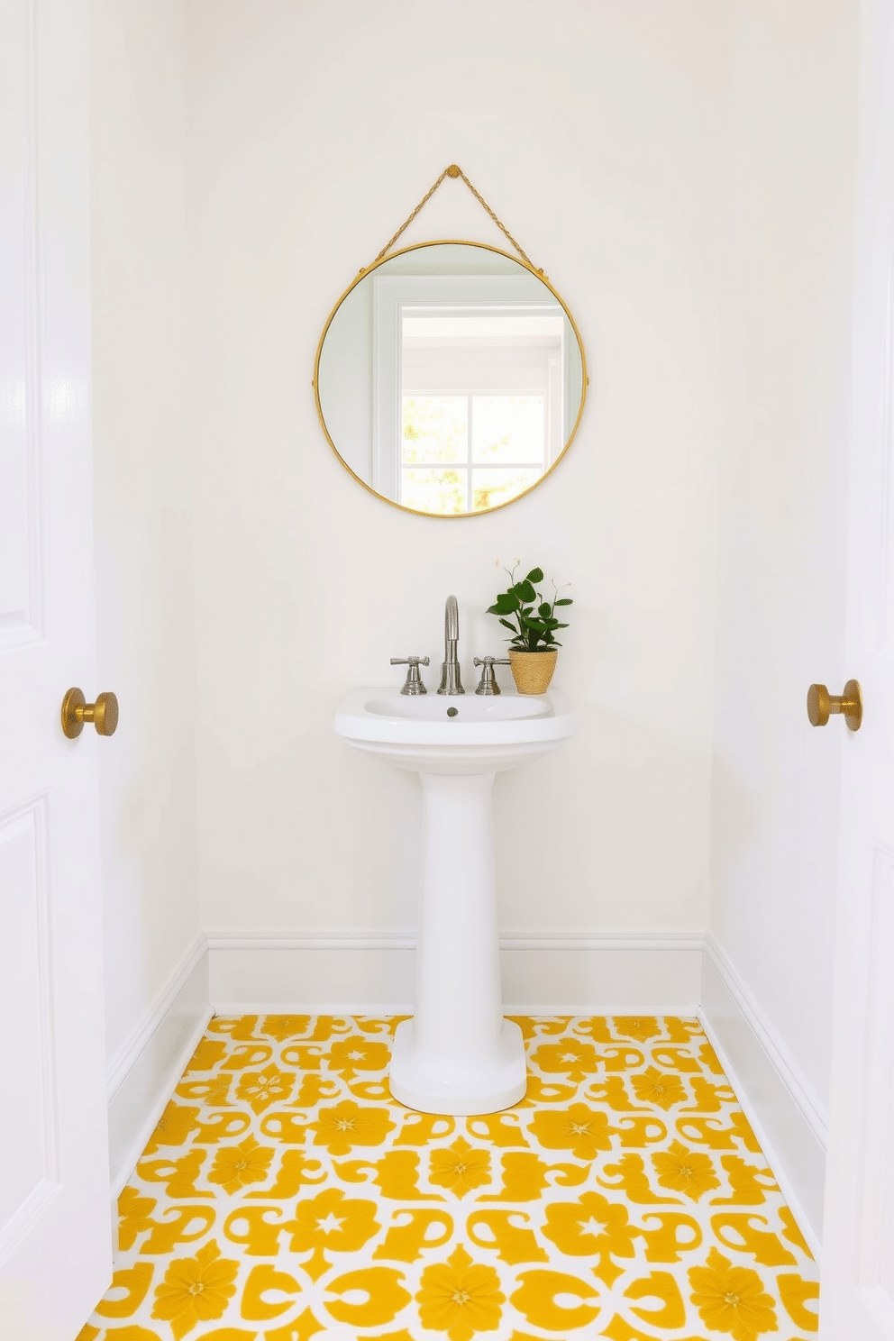 An elegant yellow and white patterned rug adorns the floor of a chic powder room, creating a vibrant focal point. The walls are painted in a soft white hue, enhancing the brightness of the space and complementing the rug's intricate design. A sleek, modern pedestal sink is positioned against the wall, topped with a polished chrome faucet. Above the sink, a stylish round mirror with a thin gold frame reflects the room's cheerful ambiance, while a small potted plant adds a touch of greenery.