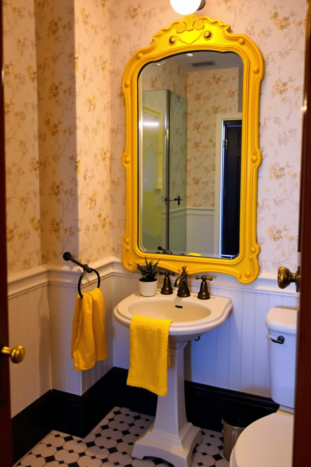 A charming powder room featuring a yellow framed mirror in a vintage style, reflecting soft ambient lighting. The walls are adorned with delicate floral wallpaper, while a small pedestal sink sits beneath the mirror, complemented by antique brass fixtures. The floor showcases classic black and white tiles, adding a timeless contrast to the bright yellow accents. A whimsical touch is added with a small potted plant on the sink and a plush yellow towel hanging nearby.