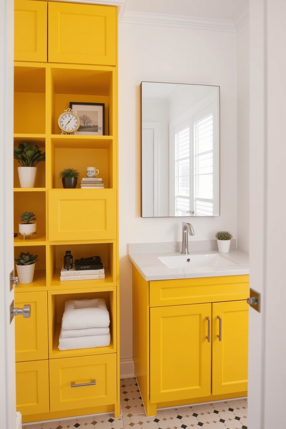 A vibrant powder room featuring yellow cabinetry with open shelving that displays neatly arranged decorative items and plants. The walls are painted in a soft white, creating a bright and airy atmosphere, while a sleek mirror above the sink reflects the cheerful color of the cabinetry.