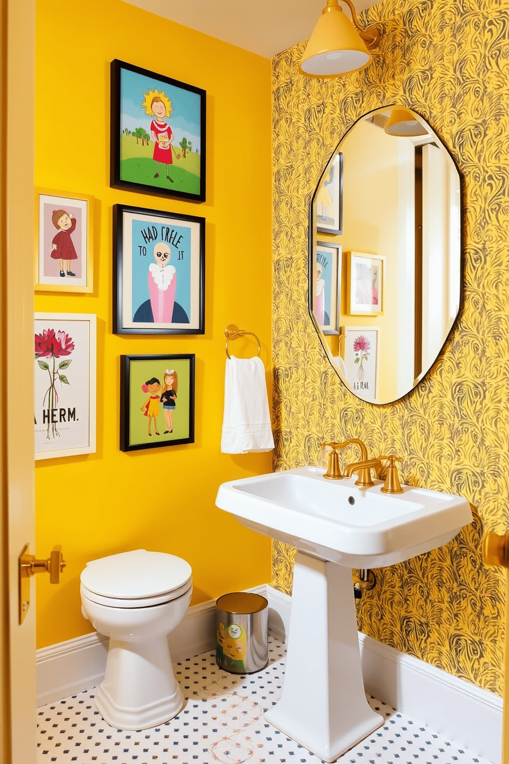 A whimsical yellow powder room features cheerful art prints adorning the walls, creating a vibrant and playful atmosphere. The space is accentuated by a sleek white pedestal sink and gold fixtures, complemented by a patterned wallpaper that adds texture and charm.