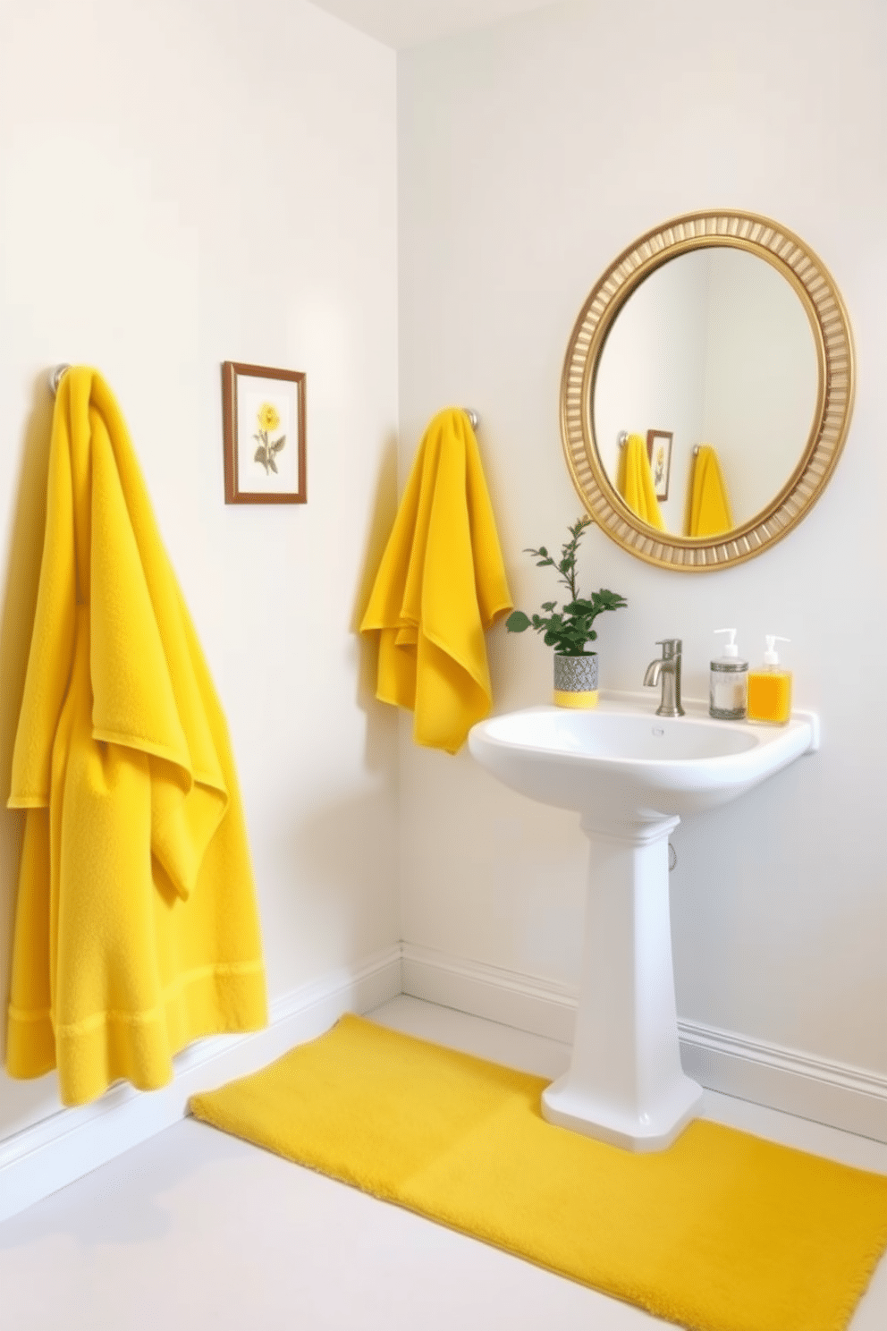 A bright yellow powder room features plush yellow towels and matching bath mats that add a cheerful pop of color. The walls are painted in a soft white, creating a fresh backdrop that enhances the vibrancy of the yellow accents. A sleek pedestal sink is complemented by a stylish round mirror with a gold frame, reflecting the light and making the space feel larger. Decorative elements like a small potted plant and elegant soap dispensers complete the inviting atmosphere.