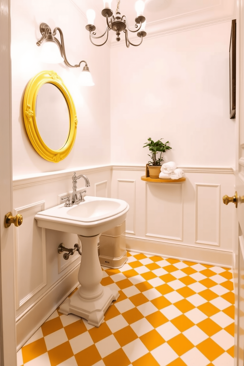 A charming powder room featuring a classic yellow and white checkerboard floor that creates a vibrant and welcoming atmosphere. The walls are painted a soft white, adorned with elegant wainscoting, and complemented by a vintage-style pedestal sink with a polished chrome faucet. A round mirror with a decorative yellow frame hangs above the sink, reflecting the warm light from a stylish chandelier. Fluffy white towels are neatly arranged on a small wooden shelf, and a potted plant adds a touch of greenery to the cheerful space.