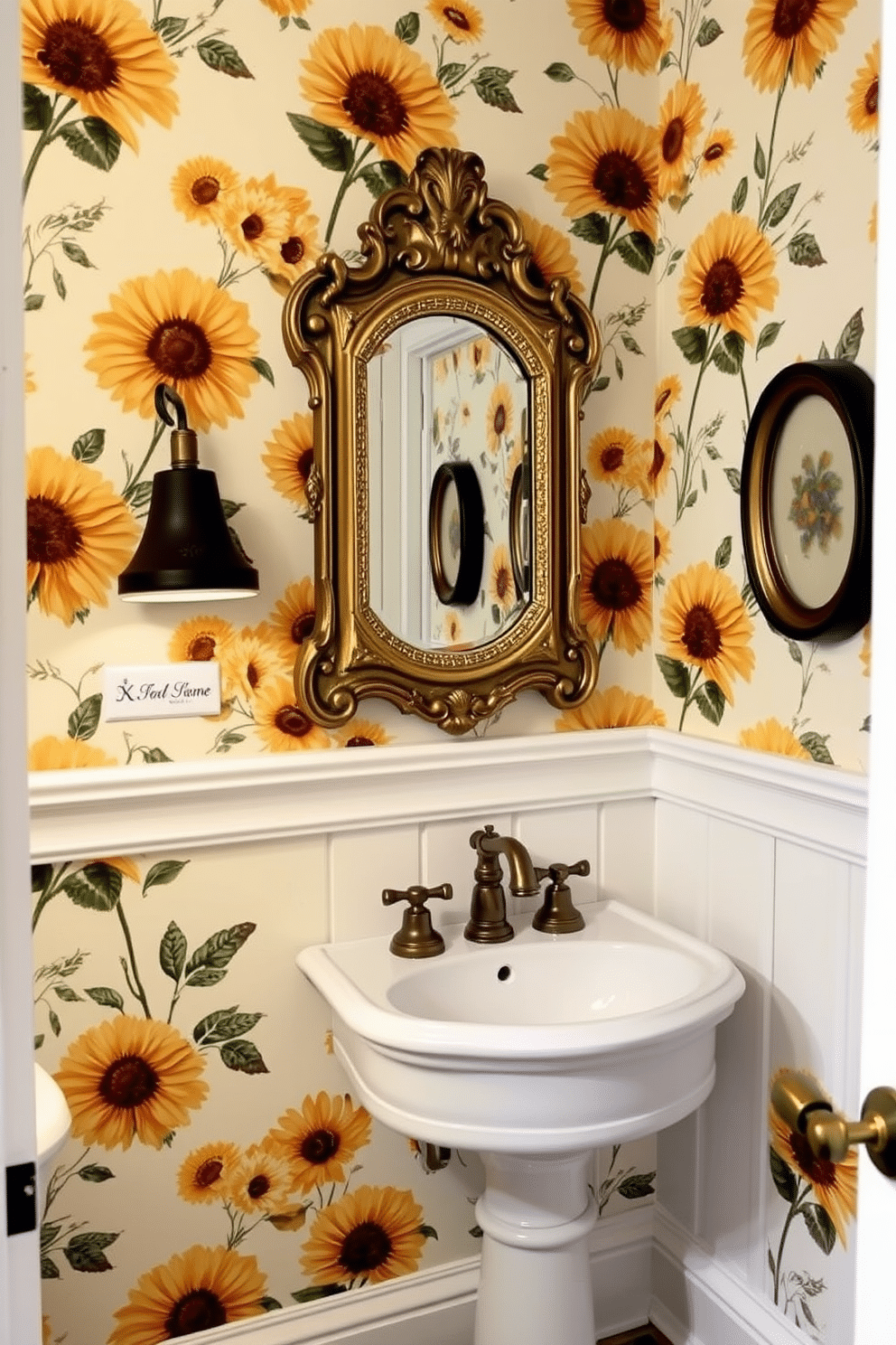 A charming powder room adorned with sunflower wallpaper featuring vintage accents, creating a warm and inviting atmosphere. The space includes a small, ornate mirror with a distressed gold frame and a classic pedestal sink, complemented by antique-style fixtures.