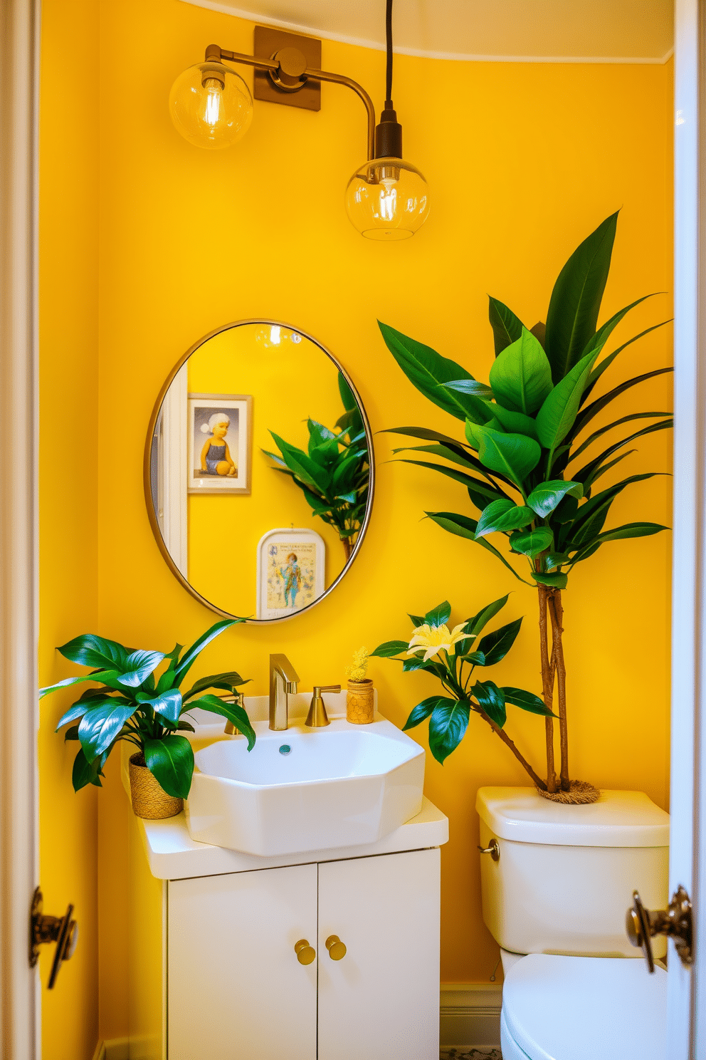 A vibrant powder room featuring walls adorned with a cheerful yellow hue, creating a lively atmosphere. The space is accented with lush green plants, strategically placed to bring a fresh touch and enhance the overall brightness. The vanity is a sleek white with gold hardware, complemented by a round mirror that reflects the vibrant colors. Unique light fixtures with a modern design provide warm illumination, highlighting the playful decor elements throughout the room.