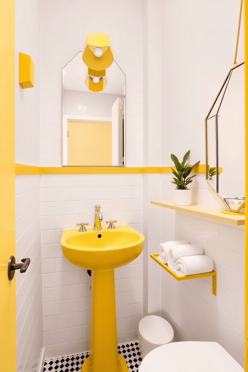 A chic powder room featuring retro yellow fixtures that blend seamlessly with modern design elements. The walls are adorned with sleek white tiles, while a stylish pedestal sink with a vintage-inspired faucet takes center stage. To the right, a compact mirror with a geometric frame complements the vibrant yellow accents. A minimalist shelf holds neatly rolled white towels and a small potted plant, adding a touch of freshness to the space.