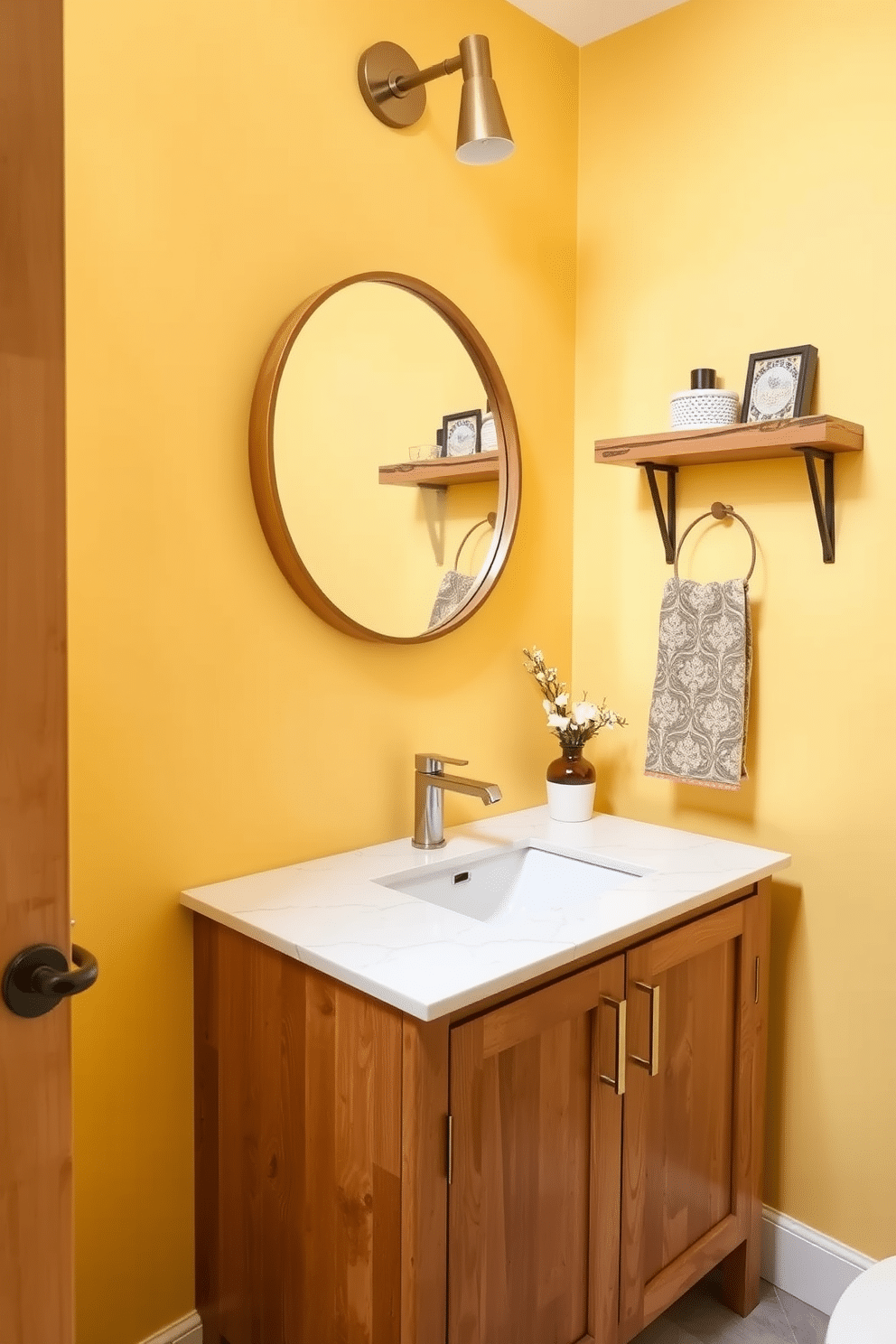 A chic powder room featuring soft butter yellow walls that create a warm and inviting atmosphere. The space is accented with natural wood elements, including a sleek wooden vanity and a rustic wooden shelf adorned with decorative items. The vanity is topped with a white marble countertop, providing a striking contrast to the yellow walls. A round mirror with a simple wooden frame hangs above the vanity, reflecting the light and enhancing the room's brightness.