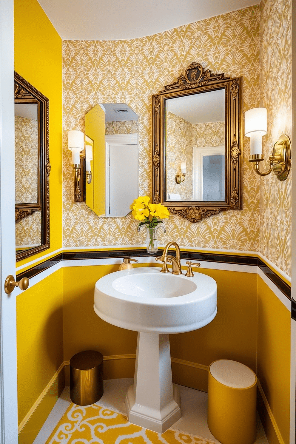 A chic powder room featuring art deco elements, highlighted by striking yellow accents throughout the space. The walls are adorned with geometric patterns, and large mirrors with ornate frames reflect the vibrant hues. A sleek pedestal sink is complemented by a gold faucet, enhancing the luxurious feel. Decorative touches include a stylish yellow and white rug and elegant sconces that provide warm lighting, creating an inviting atmosphere.