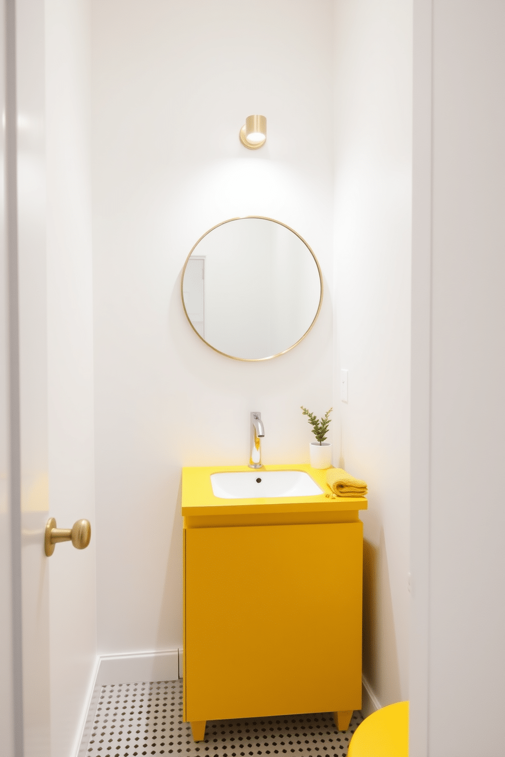 A minimalist powder room featuring yellow accents. The walls are painted crisp white, while a sleek yellow vanity with a simple sink adds a pop of color. A round mirror with a thin gold frame hangs above the vanity, reflecting the soft lighting. A small potted plant and a yellow hand towel placed neatly on the countertop complete the inviting atmosphere.