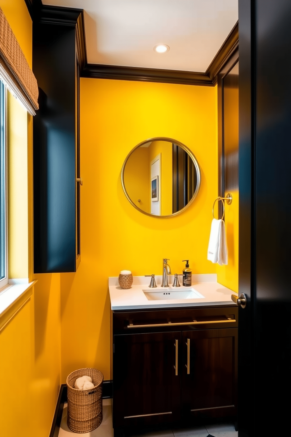 A bright yellow powder room features walls painted in a vibrant shade of yellow that instantly energizes the space. Dark cabinetry contrasts beautifully with the cheerful walls, providing a striking visual balance. The sleek, modern vanity boasts a deep, rich wood finish, complementing the brightness of the yellow paint. A large round mirror with a gold frame hangs above the sink, reflecting light and enhancing the room's warmth.