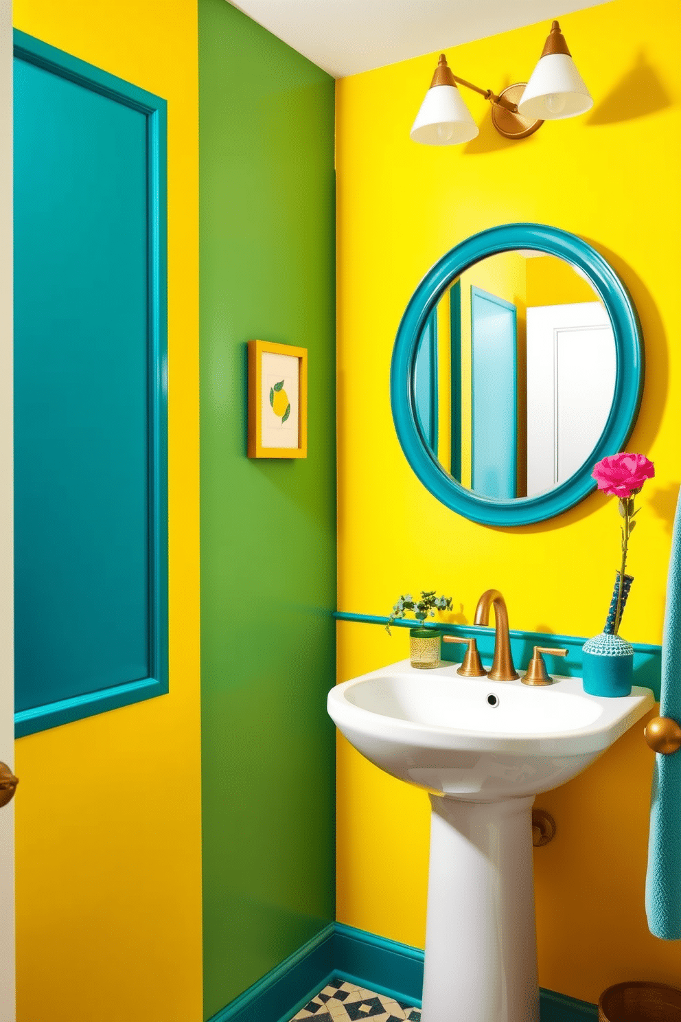 A vibrant powder room featuring bold yellow and teal color blocking. The walls are painted in a striking yellow hue, while a teal accent wall adds depth and contrast. The space includes a sleek, modern pedestal sink with a brushed gold faucet. A round mirror with a teal frame hangs above the sink, and decorative elements in complementary colors enhance the playful atmosphere.