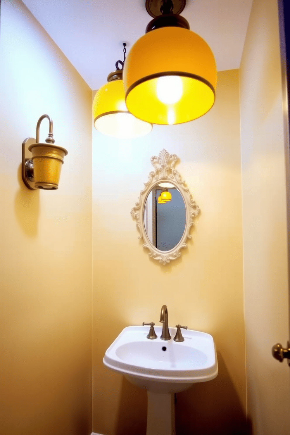 Charming yellow lanterns hang from the ceiling, casting a warm glow throughout the space. The walls are painted in a soft pastel yellow, complementing the elegant fixtures and enhancing the inviting atmosphere. The powder room features a sleek white pedestal sink accented with brass hardware. A vintage-style mirror with a decorative frame hangs above the sink, adding a touch of charm to the overall design.