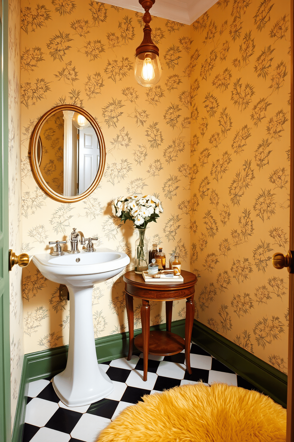 A charming powder room exuding vintage elegance features walls adorned with a soft yellow floral wallpaper that evokes nostalgia. The space is complemented by a classic pedestal sink with a polished chrome faucet, a round mirror with a distressed gold frame, and a vintage-inspired light fixture casting a warm glow. To enhance the nostalgic atmosphere, a small wooden side table displays a collection of antique perfume bottles and a delicate vase filled with fresh daisies. The floor is finished with a checkered black and white tile, while a plush yellow rug adds a cozy touch, inviting guests to linger in this delightful retreat.