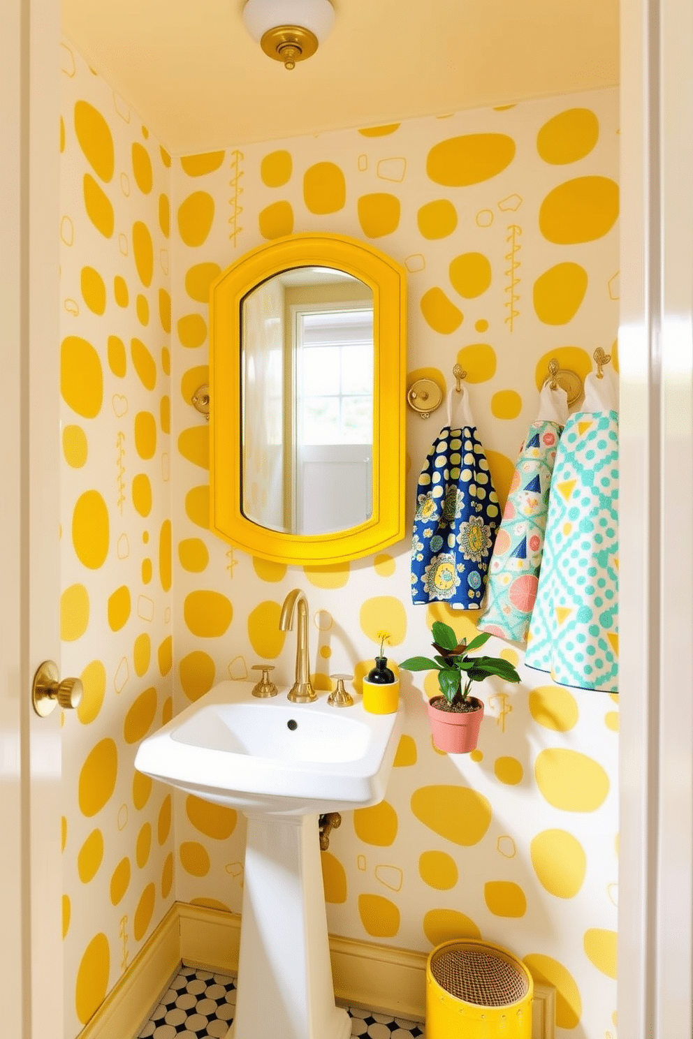 A vibrant powder room filled with playful yellow accents and quirky patterns. The walls are adorned with a whimsical wallpaper featuring abstract shapes in various shades of yellow, while the ceiling is painted a soft cream to enhance the brightness of the space. A stylish pedestal sink with a unique, asymmetrical design is highlighted by a bold yellow mirror that adds a pop of color. Colorful, patterned towels hang neatly on a brass towel rack, and a small potted plant adds a touch of greenery to the cheerful atmosphere.