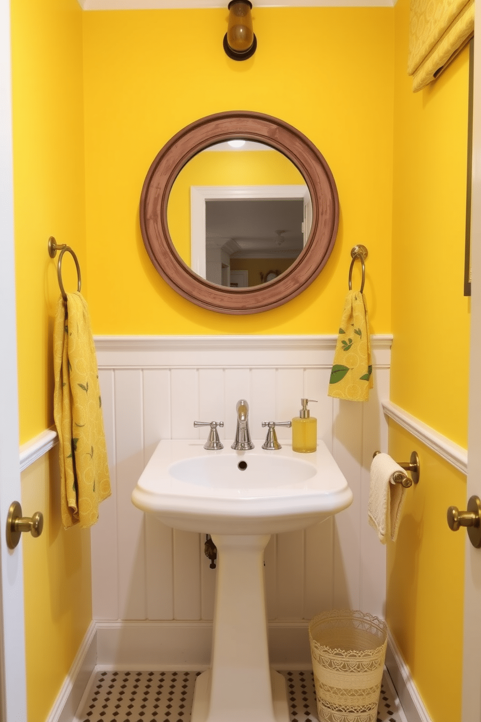 A vibrant yellow powder room adorned with lemon-themed decor. The walls are painted a cheerful lemon yellow, complemented by white wainscoting and a whimsical lemon-patterned wallpaper border. A sleek white pedestal sink is topped with a round mirror framed in distressed wood. Lemon-shaped accessories, such as a soap dispenser and towel holder, add playful touches to the space.