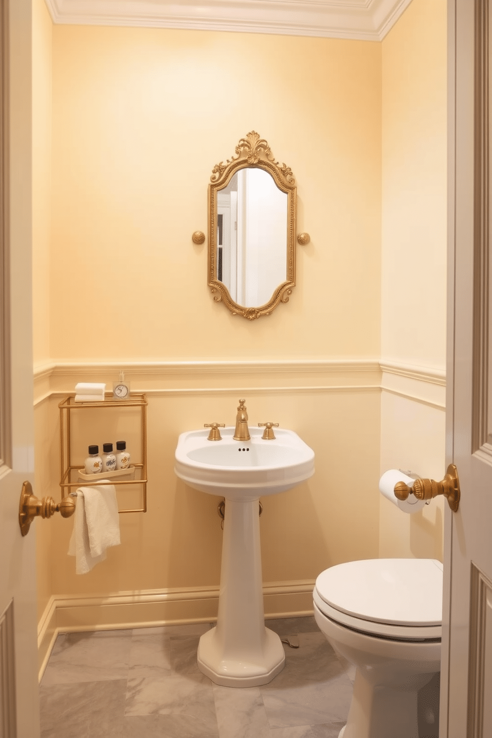 A charming powder room featuring soft pastel yellow walls that create a warm and inviting atmosphere. The room is adorned with elegant gold fixtures, including a stylish faucet and a decorative mirror with a gold frame. A sleek, white pedestal sink is positioned against the wall, complemented by a small gold shelf displaying decorative items. The floor is covered in a light gray tile that contrasts beautifully with the pastel yellow, enhancing the overall aesthetic.