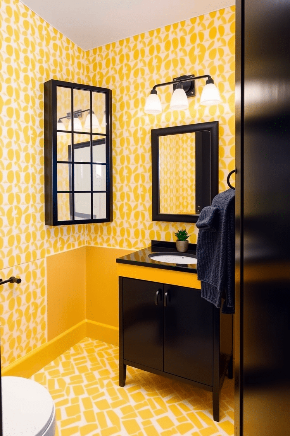 A bold mustard vanity with sleek black accents serves as the centerpiece of this vibrant powder room. The walls are adorned with a playful geometric wallpaper in shades of yellow and white, creating a cheerful atmosphere. To the left of the vanity, a stylish black-framed mirror reflects the room's lively colors. A small potted plant sits on the countertop, adding a touch of greenery and freshness to the space.