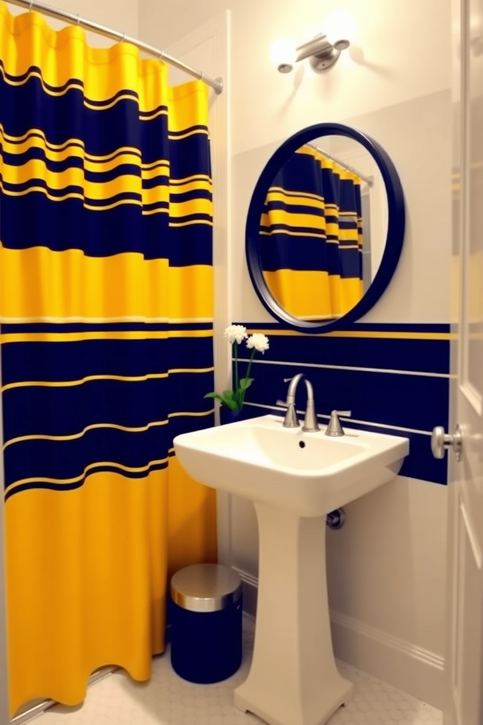 A stylish powder room featuring a yellow and navy striped shower curtain that adds a vibrant touch to the space. The walls are painted in a soft cream color, complementing the curtain, while a sleek white pedestal sink sits elegantly against the wall. A round mirror with a navy blue frame hangs above the sink, reflecting the playful patterns of the shower curtain. The floor is adorned with white hexagonal tiles, and a small potted plant adds a refreshing green accent to the room.