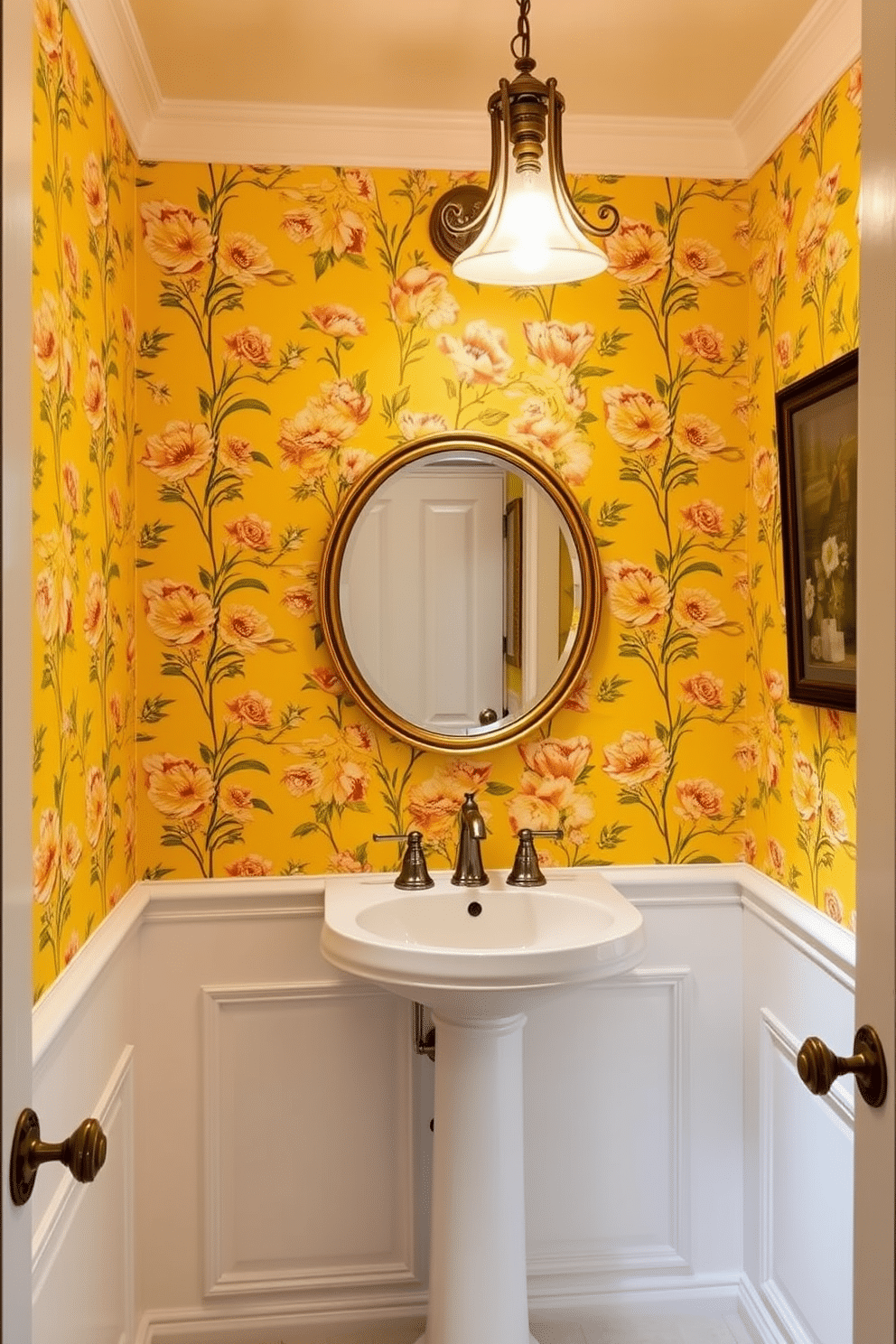 A charming powder room adorned with floral yellow wallpaper that brings a bright and cheerful ambiance. Below, elegant wainscoting in a crisp white complements the vibrant wallpaper, adding a touch of sophistication. The small space features a round mirror with a gold frame above a sleek pedestal sink. A vintage-style light fixture casts a warm glow, enhancing the inviting atmosphere of this delightful yellow powder room.