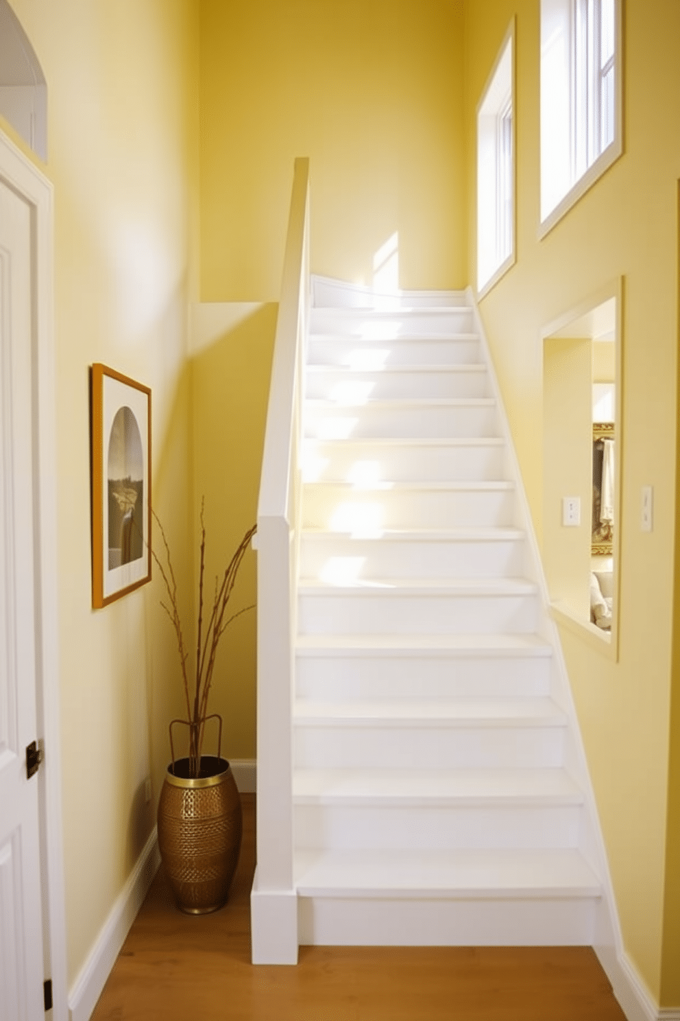 Bright yellow risers with white treads create a vibrant and inviting atmosphere in any home. The staircase features a sleek design, with the bold color combination enhancing the overall aesthetic while providing a striking focal point. Natural light floods the space, highlighting the cheerful yellow and crisp white contrast. Surrounding the staircase, minimalist decor complements the lively hues, making it a perfect blend of modernity and warmth.