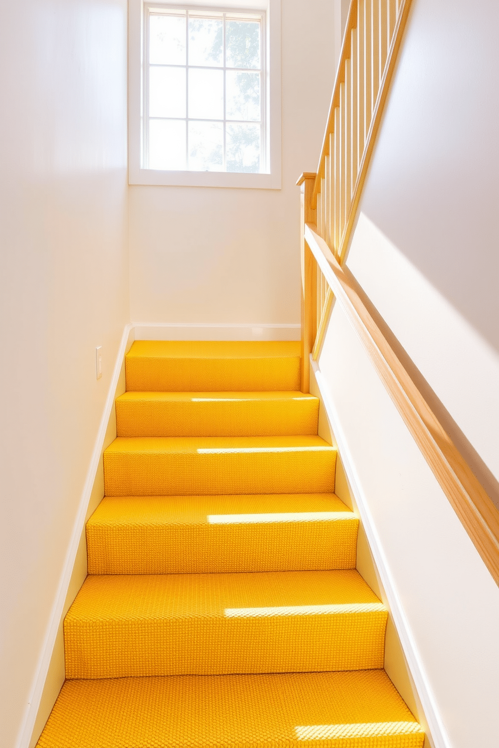 A bright and inviting staircase features sunshine yellow treads that add a pop of color and texture to the space. The surrounding walls are painted in a soft white, enhancing the vibrancy of the yellow and creating a cheerful atmosphere. Natural light floods the area through a large window, casting warm rays that highlight the unique texture of the treads. Complementing the staircase, a sleek wooden railing in a light finish adds an elegant touch to the overall design.