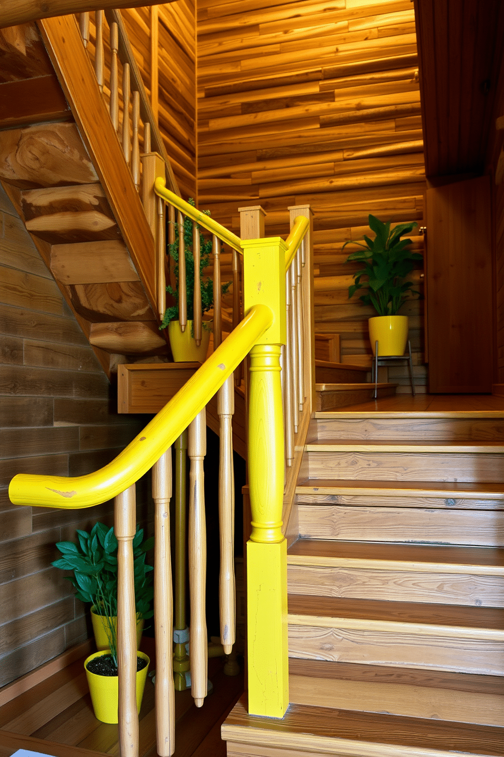 Rustic wooden stairs with yellow accents create a warm and inviting focal point in any home. The staircase features sturdy wooden treads, complemented by a handrail painted in a cheerful shade of yellow, enhancing the overall aesthetic. The walls surrounding the staircase are adorned with rustic wooden paneling, adding texture and depth to the space. Soft, ambient lighting highlights the unique grain of the wood, while potted plants in yellow pots bring a touch of nature indoors.