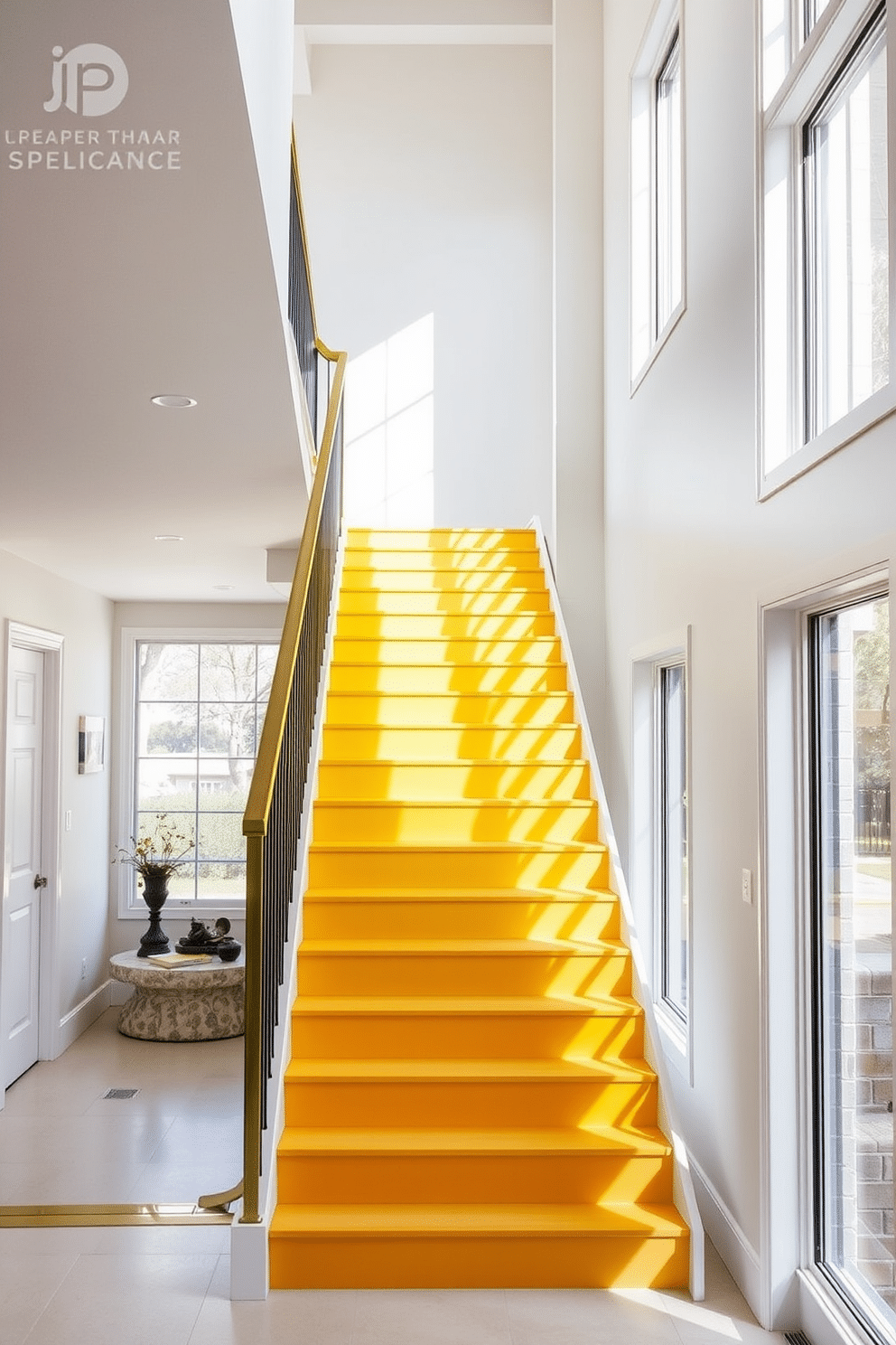 A stunning staircase features a yellow ombre effect on the risers, transitioning from a deep golden hue at the bottom to a soft pastel yellow at the top. The handrail is a sleek, modern design in brushed brass, complementing the warm tones of the staircase. The surrounding walls are painted in a crisp white, which enhances the vibrancy of the yellow ombre. Natural light floods the space through large windows, creating a bright and inviting atmosphere that highlights the unique staircase design.