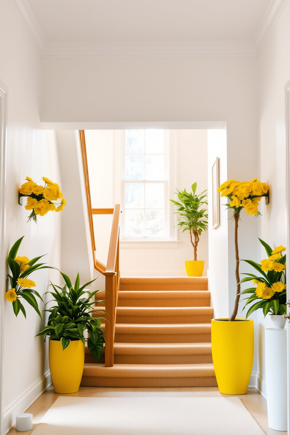 A bright and inviting staircase is framed by vibrant yellow potted plants on each side, creating a cheerful entryway. The staircase features a sleek wooden railing and soft beige carpeting, enhancing the warm ambiance of the space. The walls are painted in a soft white hue, allowing the yellow accents to pop beautifully. Natural light floods in through a nearby window, illuminating the staircase and highlighting the lush greenery of the potted plants.