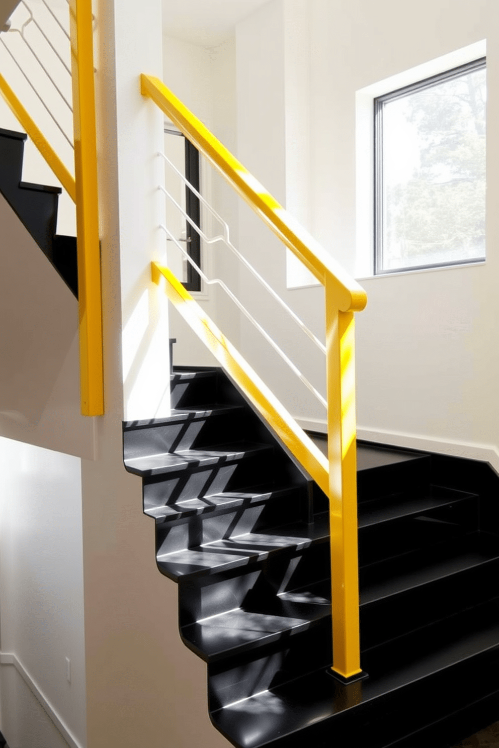 A bright yellow handrail contrasts beautifully with sleek black steps, creating a striking visual impact. The staircase features a modern design with clean lines, enhancing the overall aesthetic of the space. The surrounding walls are painted in a soft white, allowing the vibrant colors of the handrail and steps to stand out. Natural light floods in from a nearby window, highlighting the unique design elements and adding warmth to the area.