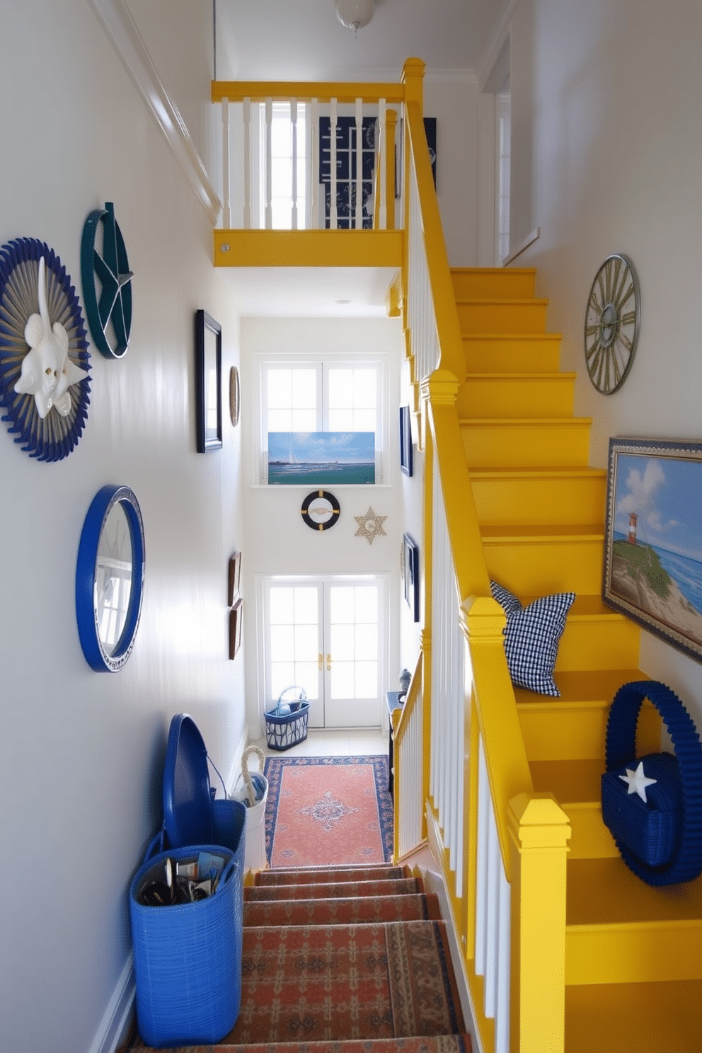 A vibrant yellow staircase leads to the upper levels of a coastal home, adorned with blue nautical accents. The walls are painted a crisp white, while decorative elements like seashells and marine-themed artwork enhance the maritime atmosphere.