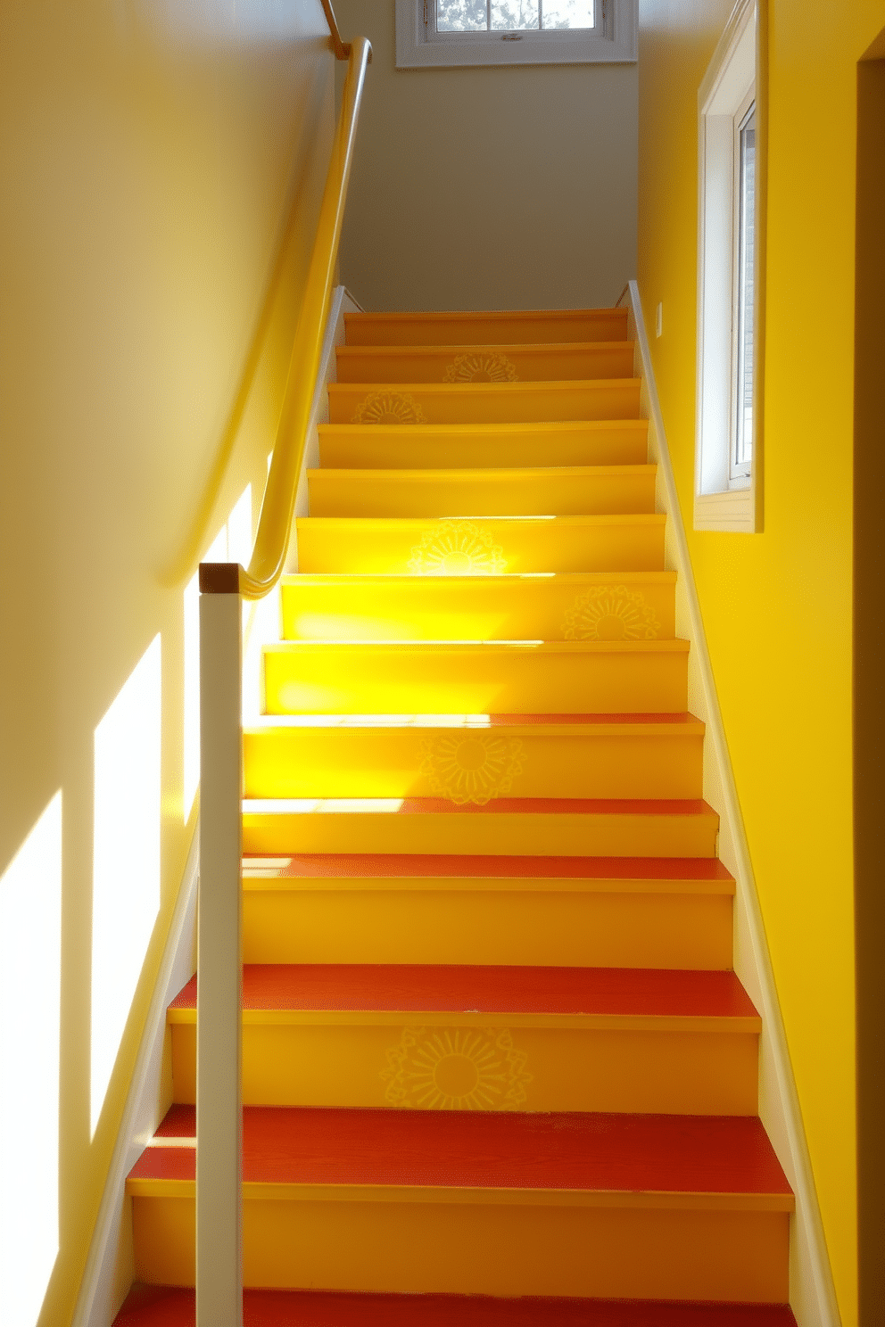 A vibrant staircase featuring bright yellow paint, adorned with intricate stenciled designs that add a playful touch. The steps are complemented by a sleek handrail, and natural light floods in from a nearby window, highlighting the cheerful ambiance.