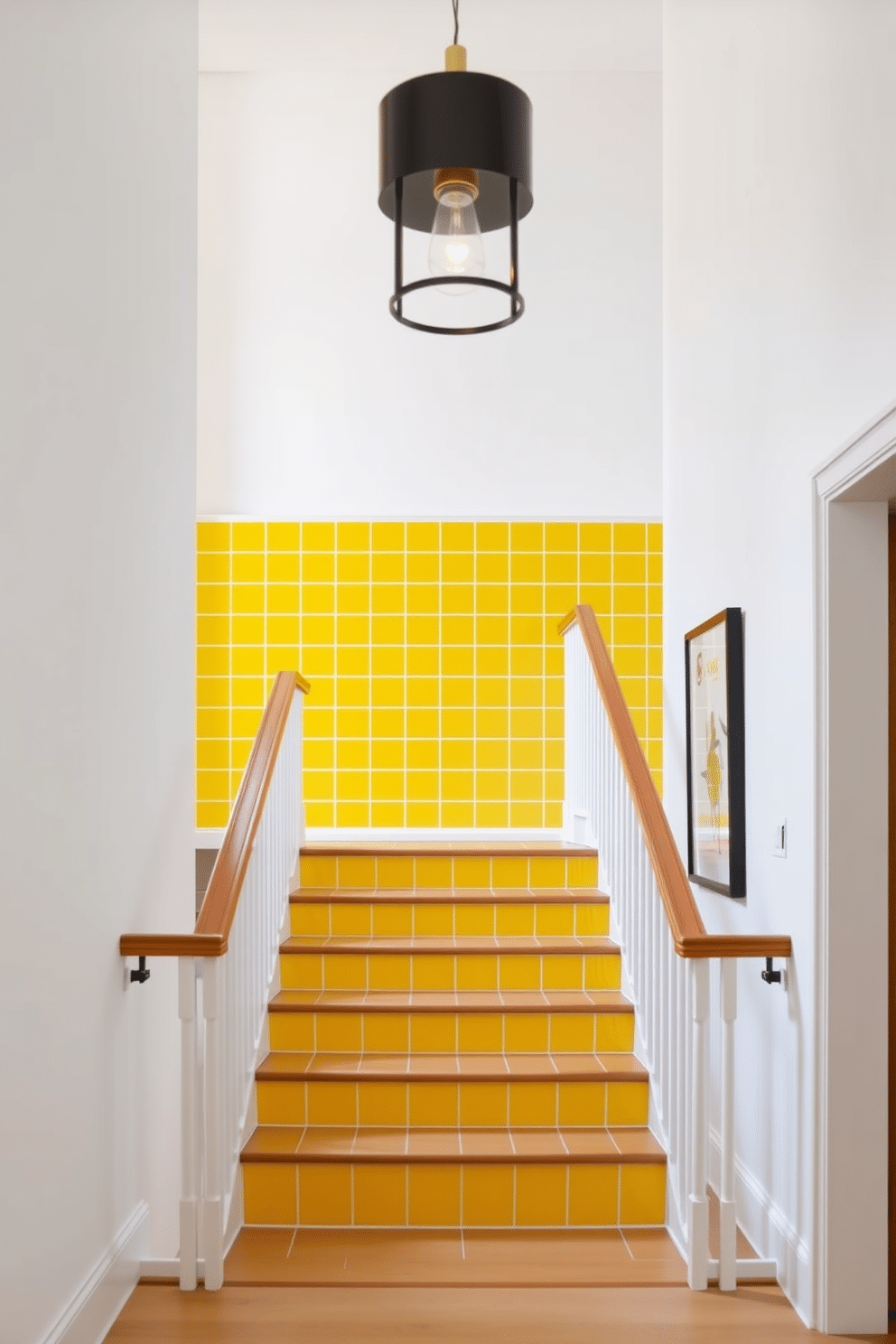 A vibrant yellow checkerboard pattern adorns the staircase, creating a playful yet sophisticated focal point in the entryway. The walls are painted in a soft white, allowing the bold pattern to stand out and brighten the space. The staircase features sleek wooden handrails that complement the yellow tiles, adding warmth and elegance. A modern pendant light hangs above, casting a warm glow on the cheerful design, inviting guests to explore further into the home.