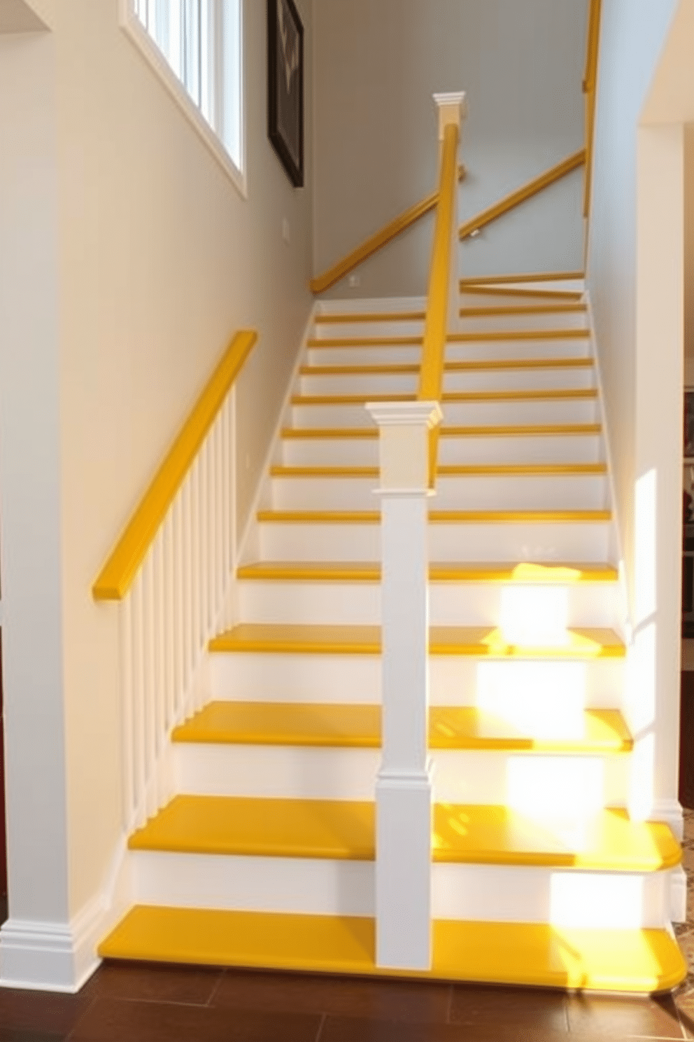 A stunning two-tone staircase featuring a vibrant yellow base with crisp white risers. The handrail is elegantly designed in a matching yellow hue, creating a cohesive look that brightens the entryway. The walls adjacent to the staircase are adorned with subtle artwork that complements the color scheme. Soft, ambient lighting highlights the staircase, enhancing its striking design and inviting atmosphere.