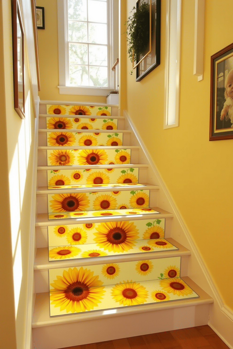 Sunflower-themed stair treads add a vibrant touch to any staircase, infusing warmth and cheer into the space. The treads feature bright yellow sunflowers against a soft cream background, creating a lively contrast with the surrounding decor. The staircase itself is painted in a soft yellow hue, enhancing the sunny theme while providing a welcoming atmosphere. Natural light floods in through a nearby window, casting playful shadows on the cheerful treads as they lead up to the next level.