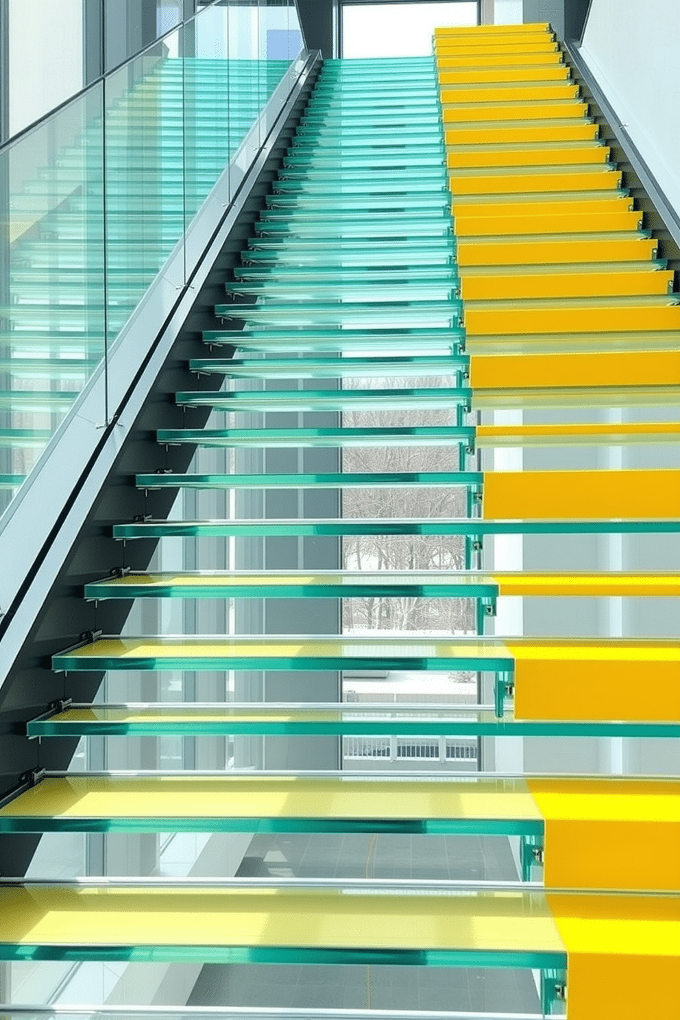 A stunning staircase featuring yellow risers that pop against the backdrop of clear glass steps. The design creates a modern and airy feel, allowing light to flow freely while highlighting the vibrant yellow accents.