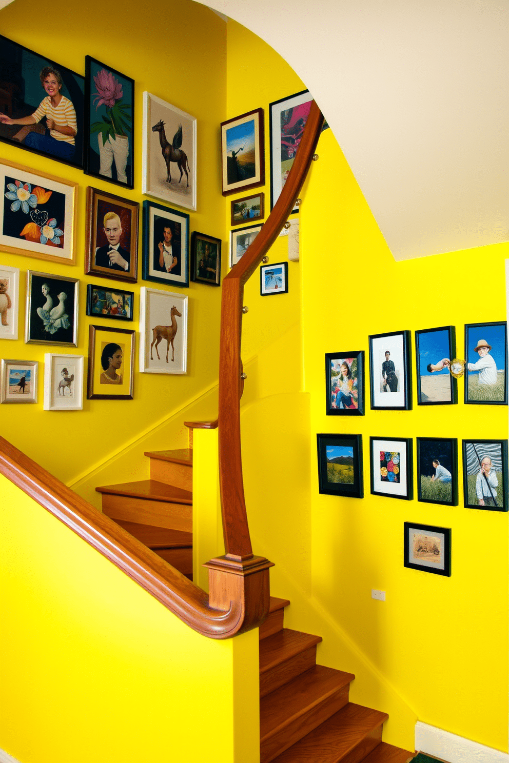 A bright yellow stairway features a sleek, modern design with a polished wood railing that complements the vibrant color. The walls are adorned with an eclectic collection of hanging art, showcasing a mix of abstract pieces and framed photographs that create a lively atmosphere.